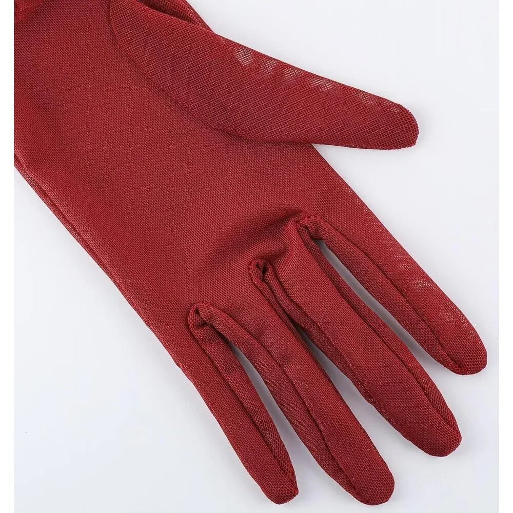 Women's Short Lace Burgundy Sheer Mesh Tea Party Prom Gloves Banquet Costume